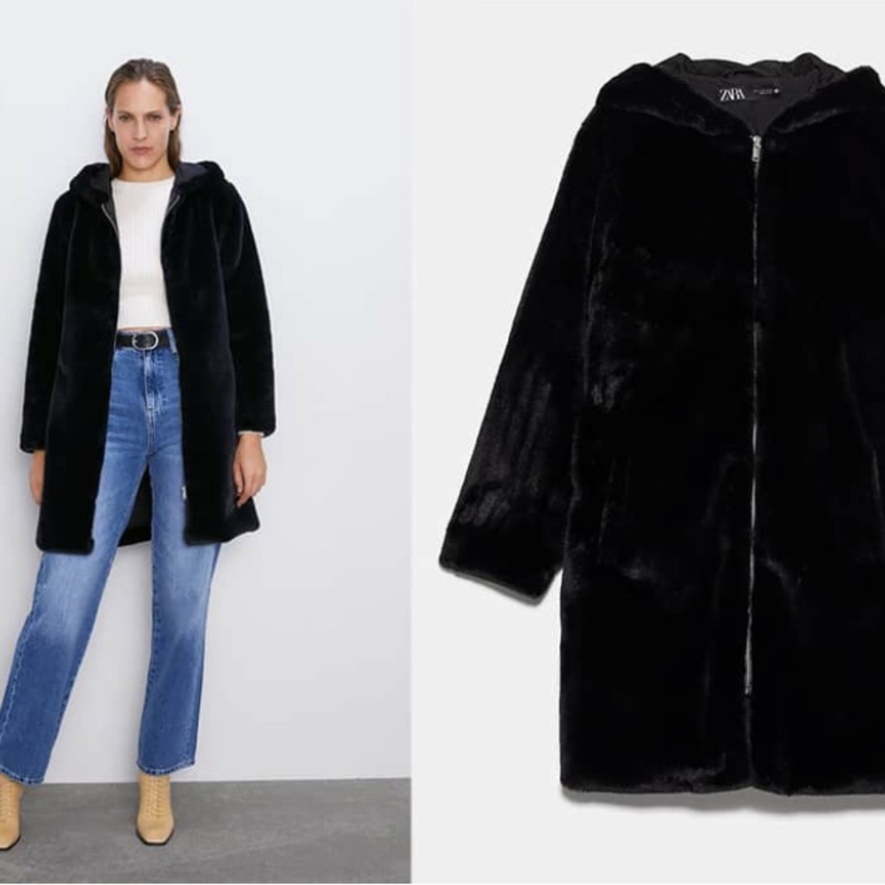 Zara Black Teddy Jacket Plush Faux Fur